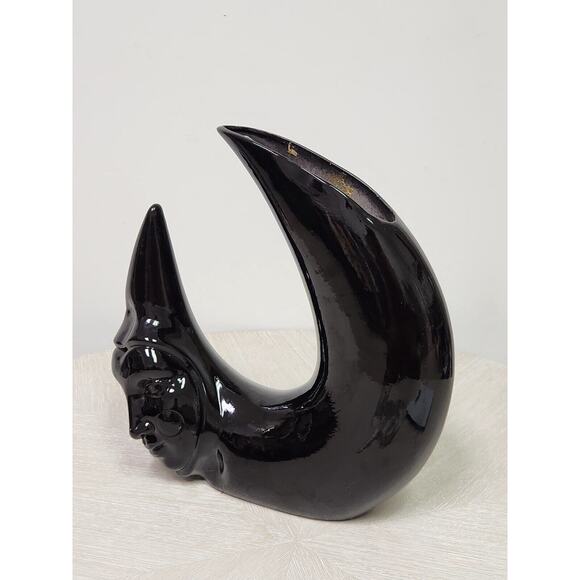 Vintage 80s Black Vase Black Ceramic Crescent Moon Shaped Vessel Pierrot Face - Picture 6 of 11